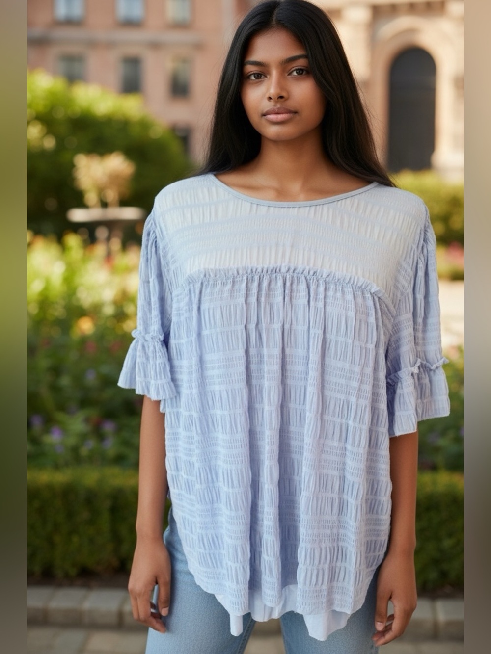 Max Studio Blouse L Cornflower Blue Mesh Flowy Top